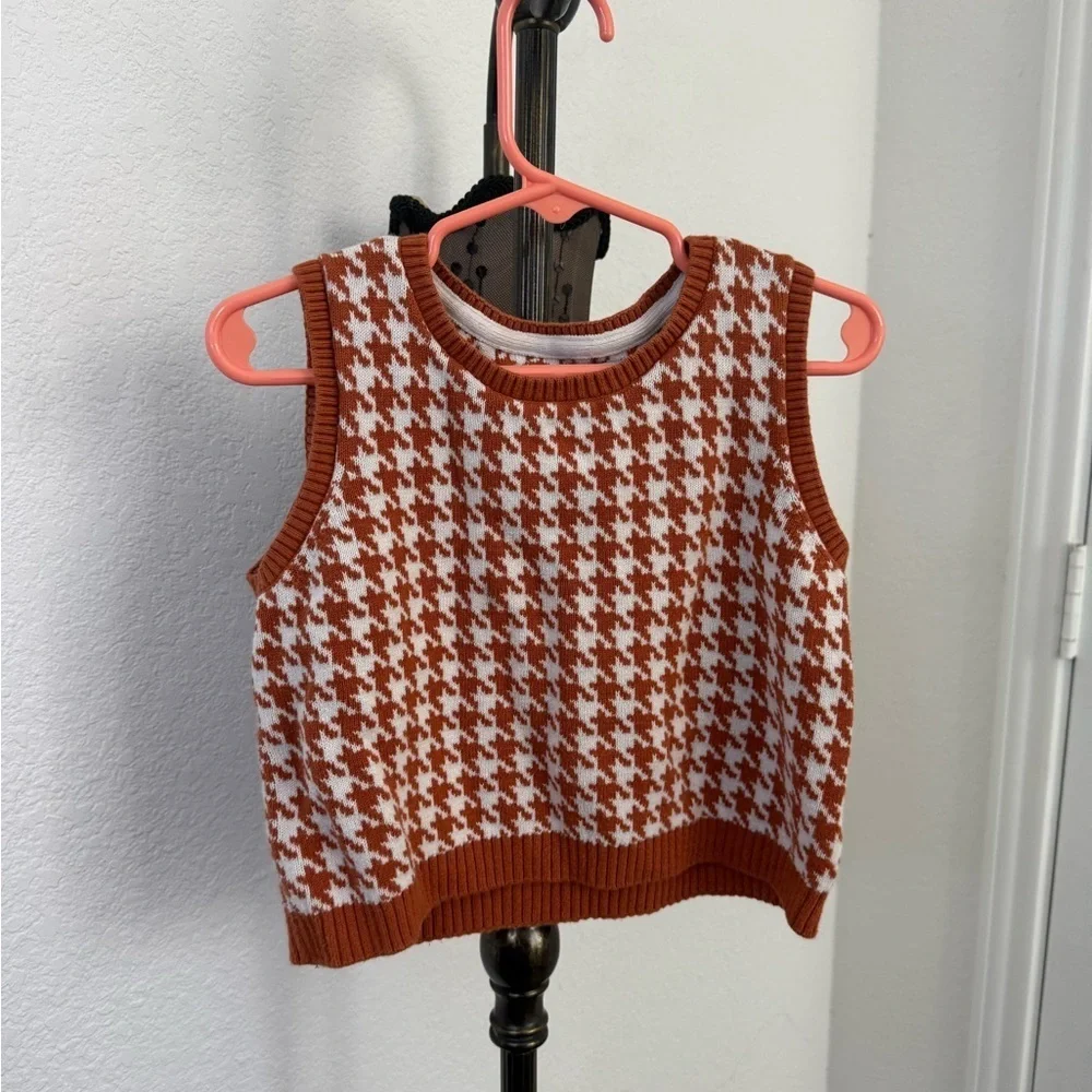 Sincerely Jules Kids Houndstooth Cardigan and Sleeveless Top Set Rust and White